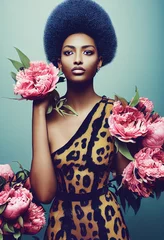 Porträt eines Fantasy-Ebenholzmädchens. Modische Frau mit Blumen. Kreatives schönes Mädchen. © designprojects