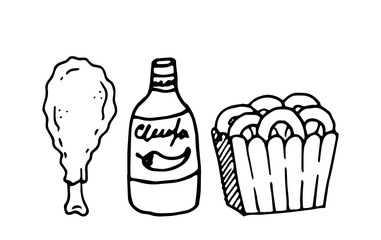 Fried chicken leg, hot sauce and onion rings illustration