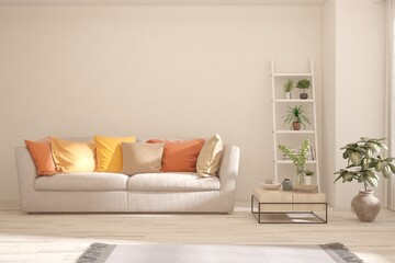 White living room with sofa. Scandinavian interior design. 3D illustration