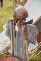 Ancient weapons and armor of the Vikings. Viking Festival in Denmark