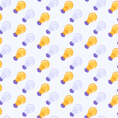 Seamless pattern with bulb lamp icons on purple background for poster, banner, wallpaper. Wrapping Paper Pattern, scrapbook patterns, textile and other design. Light on and off