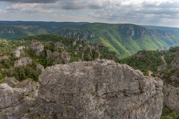 The city of stones, within Grands Causses Regional Natural Park, listed natural site with Dourbie Gorges at bottom.