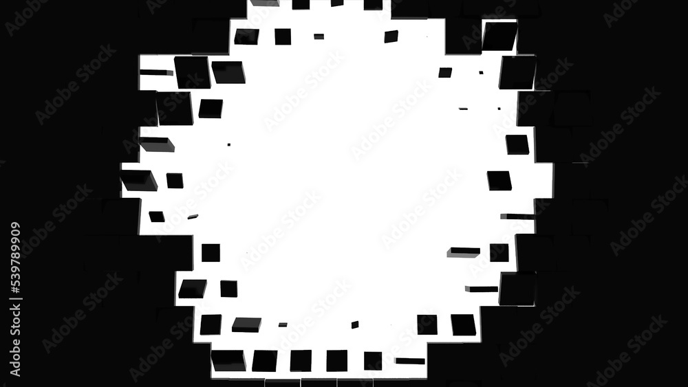 Poster Geometric pattern of 3D rendering swiping black cubes isolated on white background. White round frame place. Computer graphics of flying blocks with round white frame place in middle. High tech