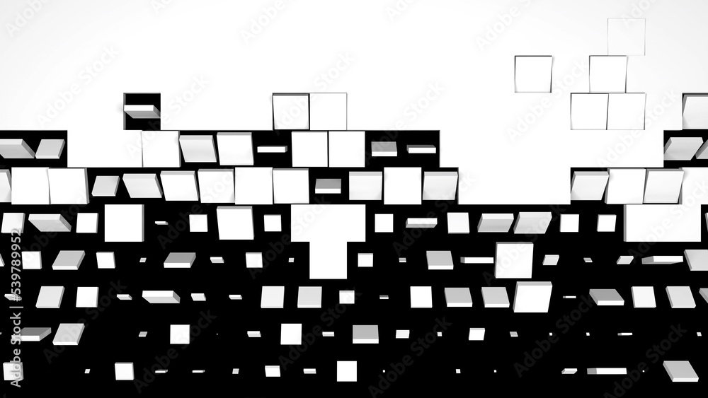 Poster 3D rendering of a white wall fragmentation into cubes isolated on a black background. Geometric pattern of crushing and screen swiping blocks. High tech transition screensaver for presentation.
