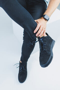 Men's casual shoes in black color made of genuine leather, men on shoes in black lace shoes. High quality photo