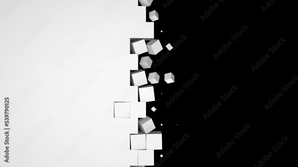 Poster Black and white geometric 3D rendering background with alpha channel. White wall breaking into cubes on a black isolated background. High tech transition screensaver for presentation.