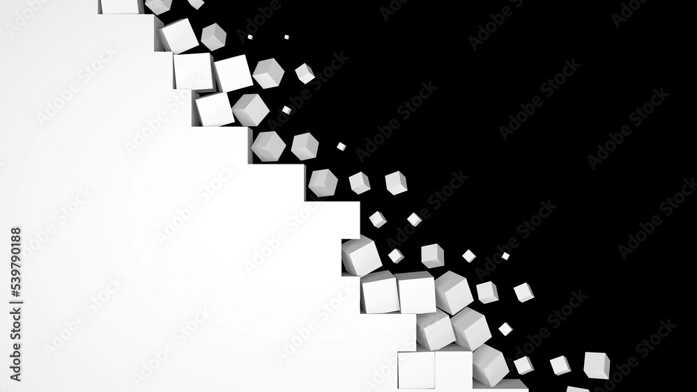 Poster Black and white geometric 3D rendering background with alpha channel. White wall breaking into cubes on a black isolated background. High tech transition screensaver for presentation.