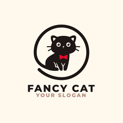 Fancy cute cat logo with bow tie. Cat logo. Pet shop logo.