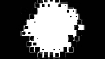 Obraz premium Geometric pattern of 3D rendering swiping black cubes isolated on white background. White round frame place. Computer graphics of flying blocks with round white frame place in middle. High tech