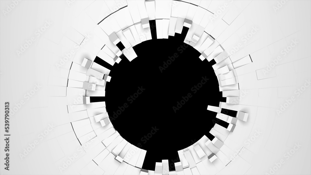 Poster Geometric pattern of 3D rendering fragmentation white blocks isolated on black background. Black round frame place. Computer graphics of unfolding blocks surface with round black frame place in middle