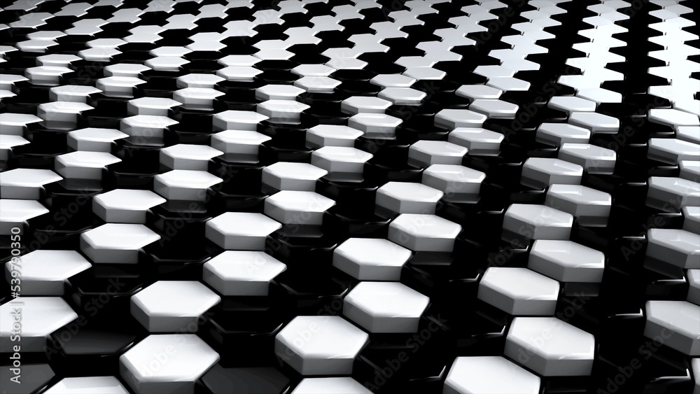 Poster Black and white geometric surface of glossy shiny honeycombs. 3D rendering of reflective hexagons connected together in graphic pattern. Computer geometric background for screensaver, presentation.