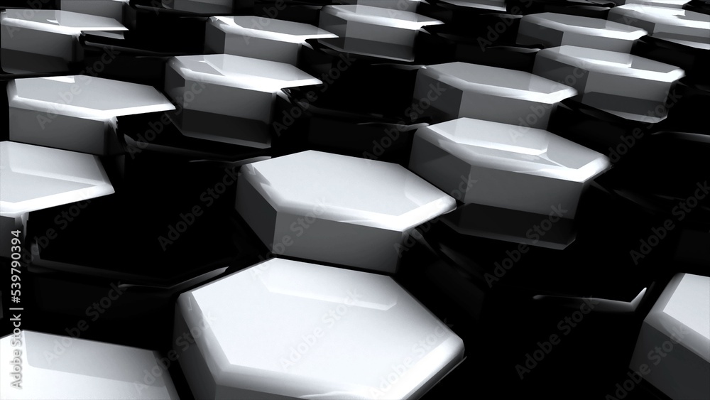 Poster Black and white geometric surface of glossy shiny honeycombs. 3D rendering of reflective hexagons connected together in graphic pattern. Computer geometric background for screensaver, presentation.