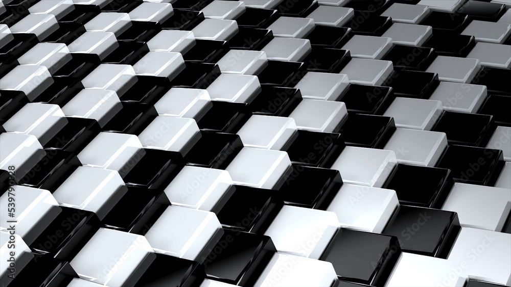 Poster Black and white geometric surface of glossy shiny cubes. 3D rendering of reflective squares connected together in graphic pattern. Computer geometric background for screensaver, presentation.