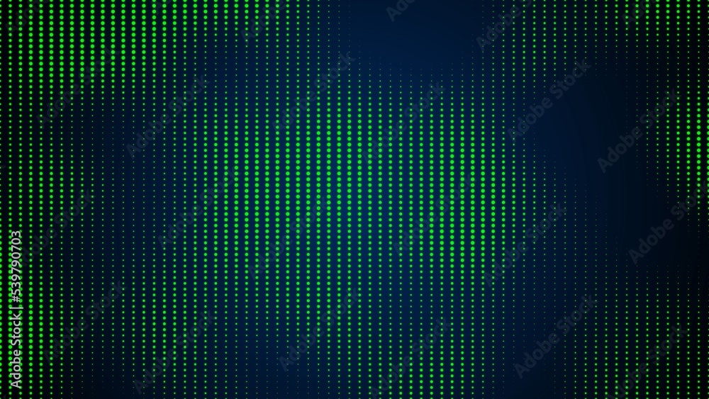 Poster Colored 3D rendering background of green round dots of different sizes on blue background. Color geometric computer graphic background with abstract spots of pixel. Digital mosaic pattern with points.