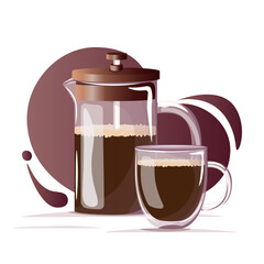 Glass coffee pot, french press with black coffee and Glass mug with double bottom on dark gradient background. Coffee break, coffee shop or cafe concept