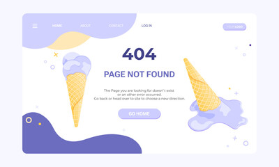 Page not found banner template. Web page with 404 error. Flat illustration of ice cream melting and spilling from the waffle cone for design template of fail and error	
