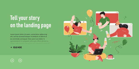 Happy people at online party flat vector illustration. Friends celebrating, drinking wine, having fun at home in front of computer screens, making video call. Internet, birthday, quarantine concept