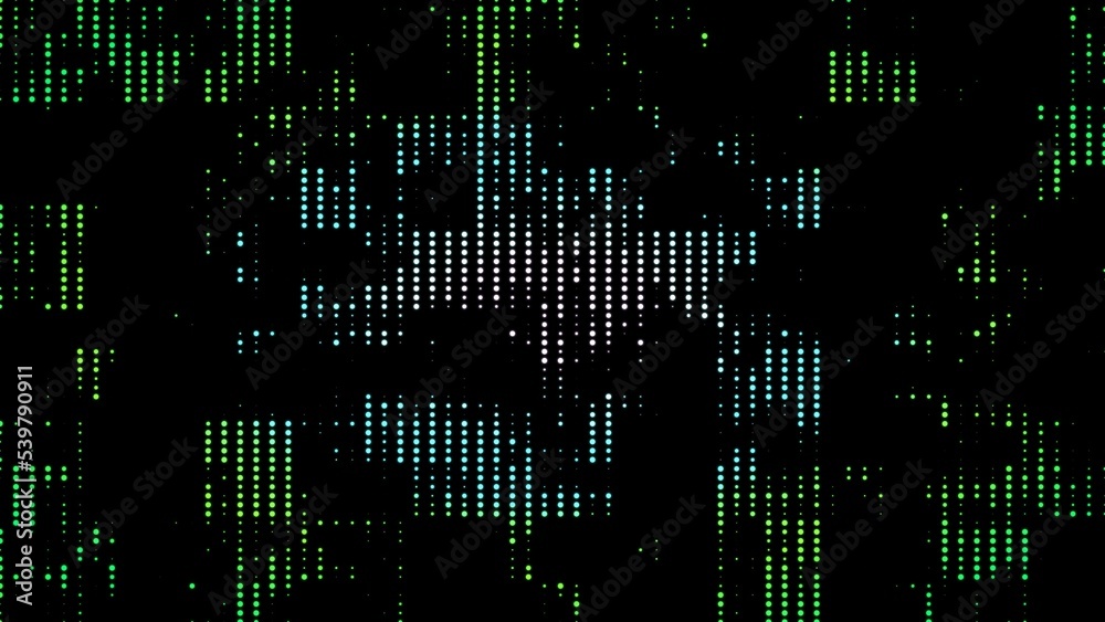 Poster Colored 3D rendering background of yellow, white dots of different sizes on black background. Geometric computer graphic background with abstract spots of pixel. Digital mosaic pattern with points.