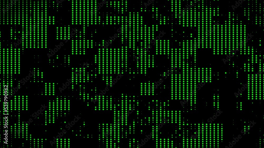 Poster Colored 3D rendering background of green dots of different sizes on black background. Color geometric computer graphic background with abstract spots of pixel. Digital mosaic pattern with points.