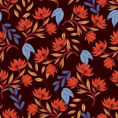 Abstract seamless tropical pattern with bright flowers and leaves on a brown background. Beautiful exotic plants.  Tropic leaves in bright colors. Colorful stylish floral.