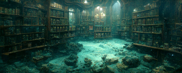 Fototapeta premium fantasy underwater deep ocean mysterious antiquity library background, 3d digital art style,