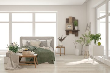 White bedroom interior. Scandinavian design. 3D illustration