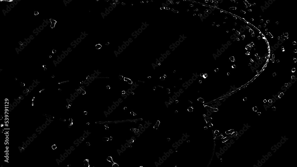 Poster 3d rendering of transparent drops and splashes of water on a black background. computer graphics of 