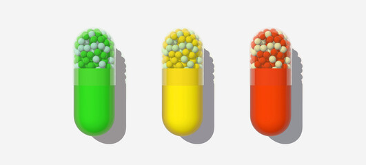 Set of three multi-colored pills 3d render isolated on a white background.