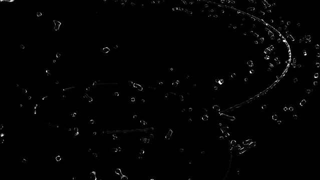 3D rendering of transparent drops and splashes of water on a black background. Computer graphics of a real vortex flow of liquid swirling into a spiral. Circular swirl of transparent shiny water.