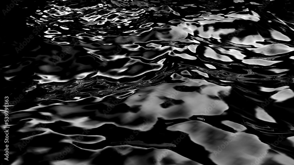 Poster 3D rendering of black water wave surface. Geometric computer graphic background of glossy reflective sea or ocean surface texture with ripples. Oil or petroleum spill. Bumpy form of liquid.