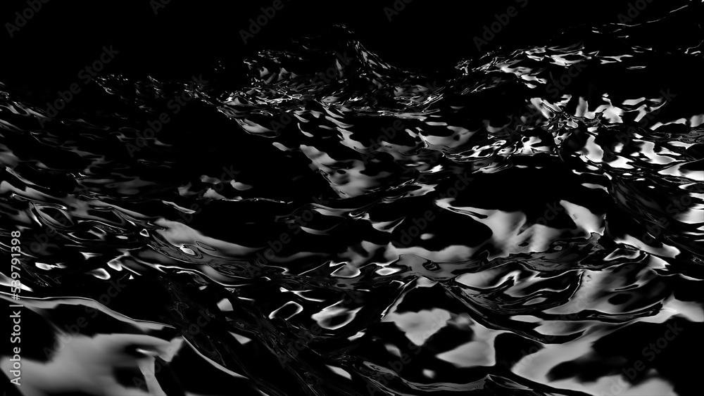 Poster 3D rendering of black water wave surface. Geometric computer graphic background of glossy reflective sea or ocean surface texture with ripples. Oil or petroleum spill. Bumpy form of liquid.