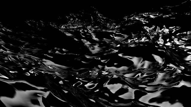 3D Rendering Of Black Water Wave Surface. Geometric Computer Graphic Background Of Glossy Reflective Sea Or Ocean Surface Texture With Ripples. Oil Or Petroleum Spill. Bumpy Form Of Liquid.