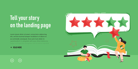 Tiny people with book and satisfaction rating. People giving good review after reading book, quality analysis flat vector illustration. Literature, customer feedback concept for banner, website design