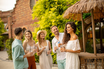 Group of young people cheering and having fun outdoors with drinks