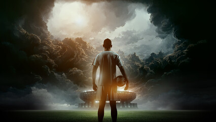 Football player and imaginary stadium, 3d rendering