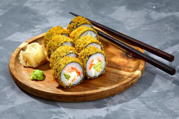 Tempura Maki Sushi Deep Fried Sushi Roll Served on wooden board