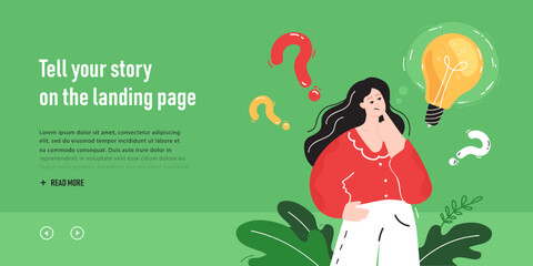 Cartoon businesswoman thinking of solving problem. Female character with lightbulb and question marks flat vector illustration. Solution, idea concept for banner, website design or landing page