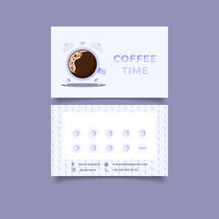 Cup of coffee in a form an alarm clock. Cafe or coffee shop loyalty card, customer program. Layout with blank space for stamps, special offer to collect stamps, buy 9 get one drink free.