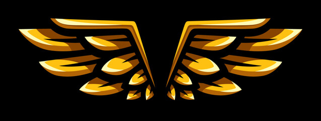 Golden wings illustration. Gold feathers logo. Heraldic emblem. T shirt print.