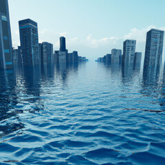 Obraz premium Digital illustration of big city with sea level rising between skyscrapers, streets underwater. Concept art with global warming and rising sea level design. Poster, album art cover.
