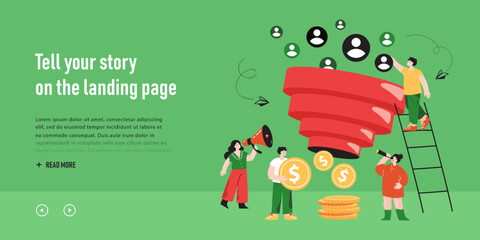 SMM team generating money, using sales funnel. Tiny people attracting audience of new followers for growth benefits flat vector illustration. Strategy of monetization, social media marketing concept