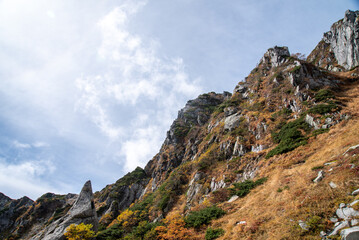 紅葉している岩山