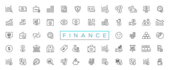 Fototapeta na wymiar Finance line icons set. Money payments elements outline icons collection. Payments elements symbols. Currency, money, bank, cryptocurrency, check, wallet, piggy, balance, safe