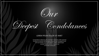Condolences card template. Text, branches, candle. Horizontal banner. Vector illustration on the black background.