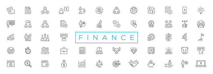 Finance line icons set. Money payments elements outline icons collection. Payments elements symbols. Currency, money, bank, cryptocurrency, check, wallet, piggy, balance, safe