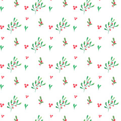 watercolor christmas plants seamless pattern , white background. Surface design for textile, fabric, wallpaper, wrapping, giftwrap, paper, 
