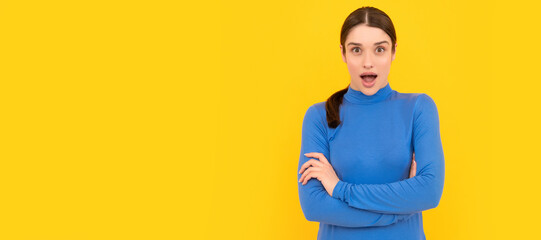pretty look of young girl. face portrait of lady on yellow background. express positive emotions. Woman isolated face portrait, banner header poster with mockup copyspace.