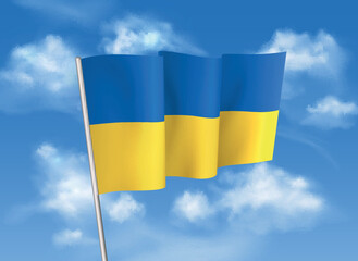 Ukranian flag in the wind on cloudy blue sky background