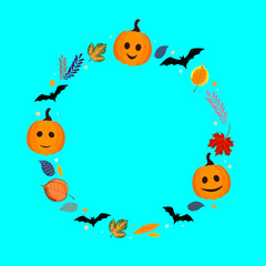 Obraz na płótnie Canvas Cheerful Halloween background, with elements placed in a circle: pumpkins, autumn leaves, bats. Background for congratulatory or promotional internet ambassador