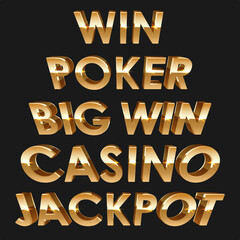 Golden letterings poker, win, big win, jackpot, casino isolated on black background. Vector illustration for casino, game design, advertising, poster, banner, web, online casino.
